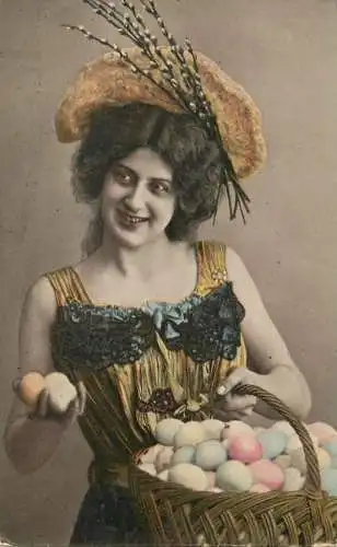 Easter greetings fantaisie Paques elegant lady dress coiffure eggs hat