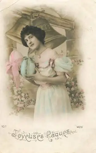 Easter greetings fantaisie Paques elegant lady dress coiffure eggs bells