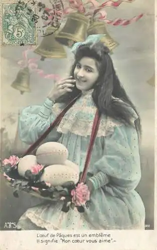 Easter greetings fantaisie Paques eggs lady beauty coiffure bells