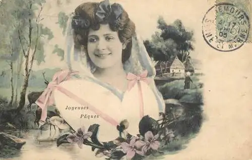 Easter greetings fantaisie Paques eggs lady dress beauty coiffure