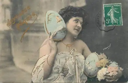 Easter greetings fantaisie Paques eggs lady dress beauty coiffure