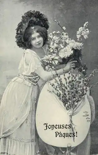 Easter greetings fantaisie Paques eggs lady dress beauty coiffure flower