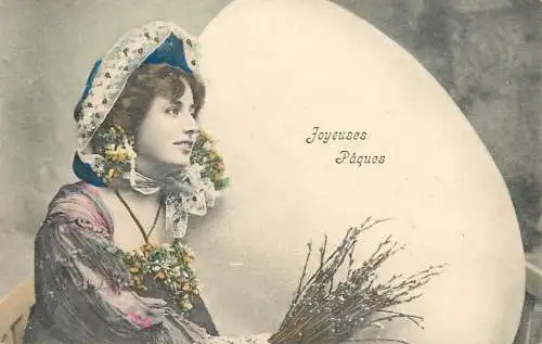 Easter greetings fantaisie Paques eggs lady beauty dress coiffure flowers