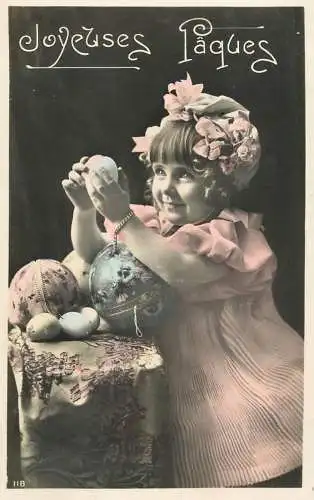 Easter greetings fantaisie Paques eggs girl dress coiffure flowers
