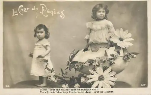Easter greetings fantaisie Paques eggs girl dress coiffure flowers