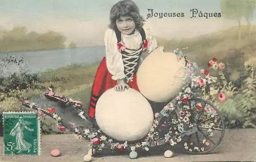 Easter greetings fantaisie Paques eggs girl dress coiffure flowers cart