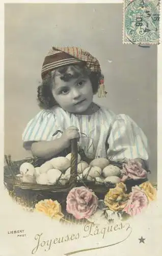 Easter greetings fantaisie Paques eggs girl dress coiffure flowers