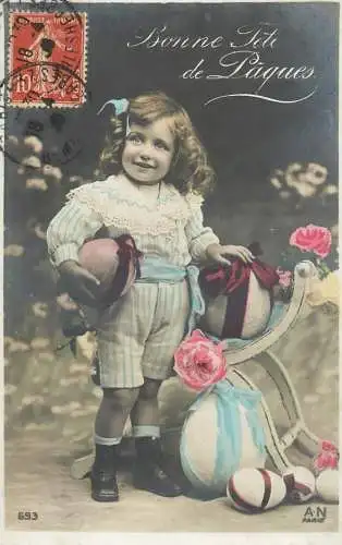 Easter greetings fantaisie Paques eggs girl dress coiffure