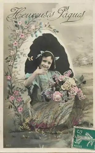 Easter greetings fantaisie Paques eggs girl dress coiffure