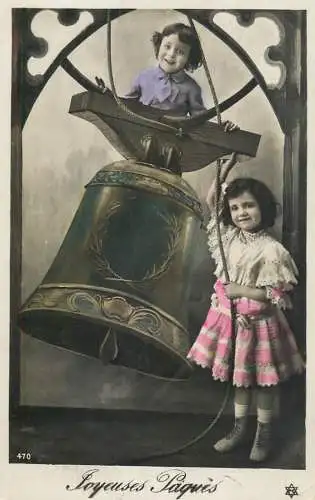 Easter greetings fantaisie Paques eggs girl dress coiffure bell