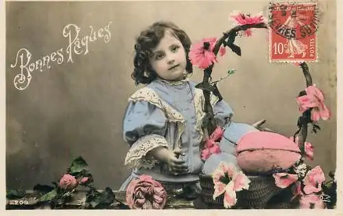 Easter greetings fantaisie Paques eggs girl dress coiffure
