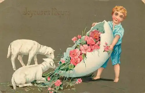 Easter greetings fantaisie Paques boy flower egg sheep