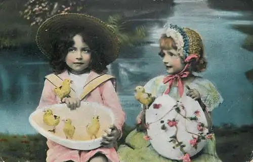 Easter greetings fantaisie Paques girls ciffure eggs chicks
