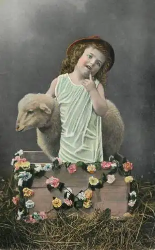 Easter greetings fantaisie Paques girl sheep flowers coiffure