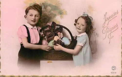 Easter greetings fantaisie Paques coiffure boy girl egg basket