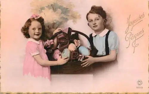 Easter greetings fantaisie Paques coiffure boy girl egg basket