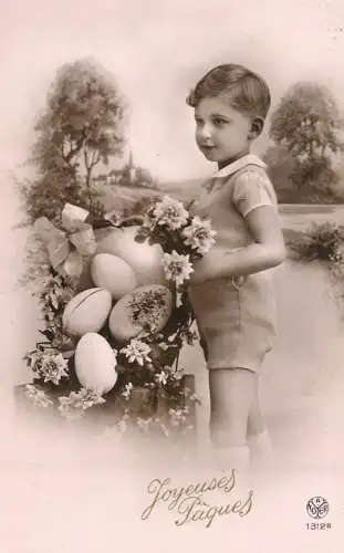 Easter greetings fantaisie Paques coiffure boy egg basket