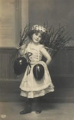 Easter greetings fantaisie Paques coiffure girl egg flower basket