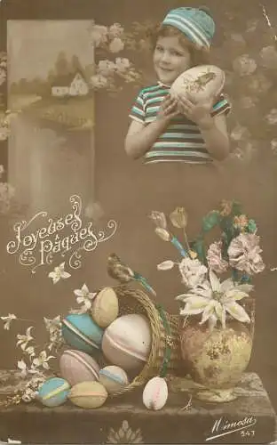 Easter greetings fantaisie Paques coiffure girl egg flower basket