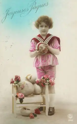 Easter greetings fantaisie Paques coiffure girl egg flower dress