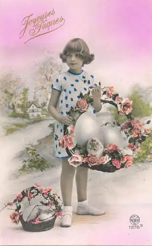 Easter greetings fantaisie Paques coiffure girl egg flower dress basket