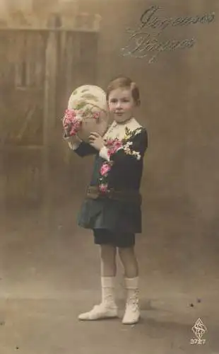 Easter greetings fantaisie Paques coiffure boy egg suit flowers