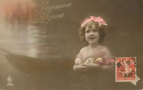Easter greetings fantaisie Paques coiffure girl egg dress