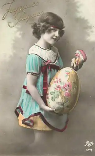 Easter greetings fantaisie Paques coiffure girl egg dress