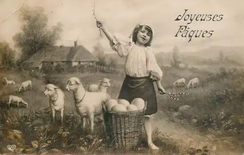 Easter greetings fantaisie Paques coiffure girl sheep egg basket