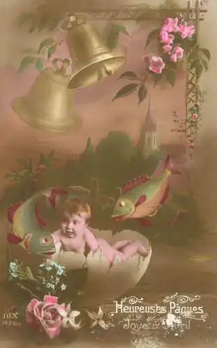 Easter greetings fantaisie Paques coiffure eggs baby bebe bell