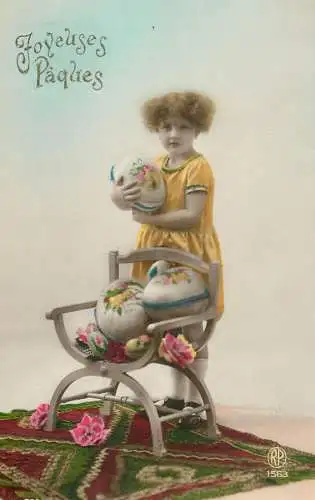 Easter greetings fantaisie Paques coiffure eggs dress girl