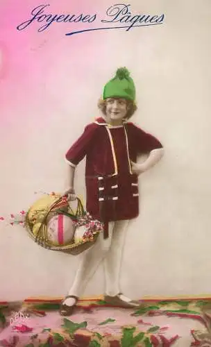 Easter greetings fantaisie Paques coiffure eggs dress girl baskets