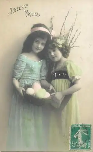 Easter greetings fantaisie Paques coiffure eggs dress girls baskets