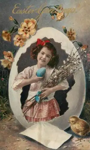 Easter greetings fantaisie Paques coiffure eggs dress beauty girl chick flower