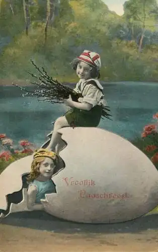 Easter greetings fantaisie Paques coiffure eggs dress beauty children lake