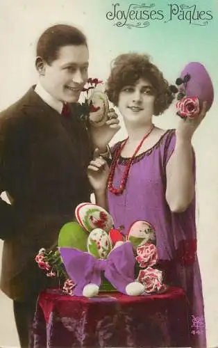 Easter greetings fantaisie Paques coiffure eggs dress flowers lady beauty man couple