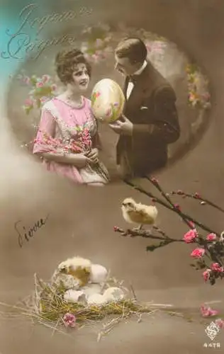 Easter greetings fantaisie Paques coiffure eggs dress flowers lady beauty man couple