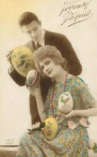 Easter greetings fantaisie Paques coiffure eggs dress flowers lady beauty man couple