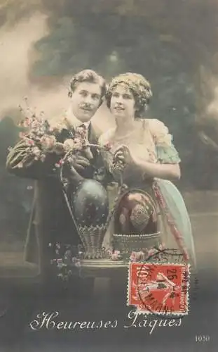 Easter greetings fantaisie Paques coiffure eggs dress flowers lady beauty man moustache couple
