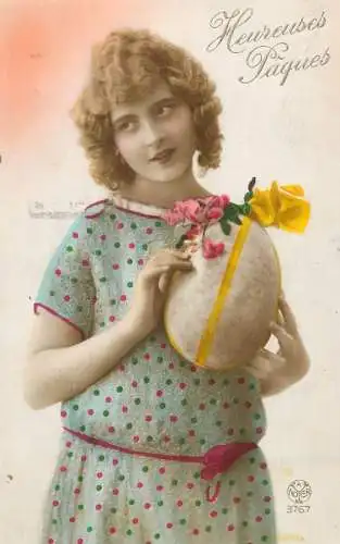 Easter greetings fantaisie Paques coiffure eggs dress flowers lady beauty