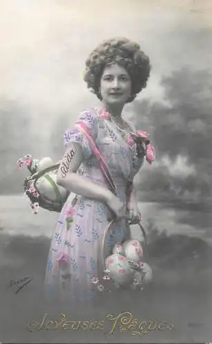 Easter greetings fantaisie Paques coiffure eggs dress flowers lady beauty