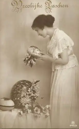 Easter greetings fantaisie Paques coiffure eggs dress flowers lady