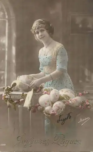 Easter greetings fantaisie Paques coiffure eggs dress flowers lady