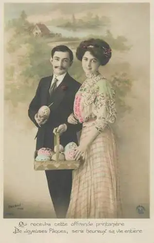 Easter greetings fantaisie Paques elegance coiffure moustache egg basket