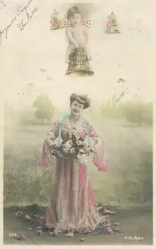 Easter greetings fantaisie Paques flower bouquet  coiffure lady elegance beauty bell