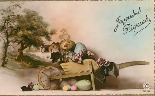 Easter greetings fantaisie Paques eggs cart flower