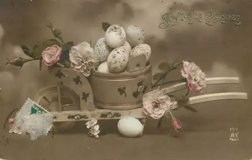 Easter greetings fantaisie Paques painted eggs cart flower