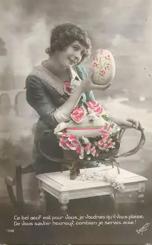 Easter greetings fantaisie Paques painted eggs 1913 coiffure elegance flowers