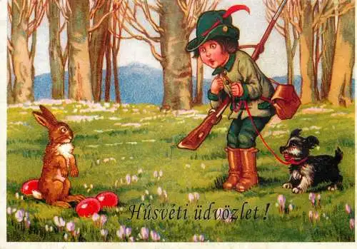 Postcard holiday card Easter eggs rabbit hunter