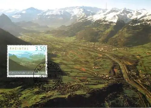 Postcard Liechtenstein von oben 4 Dauermarken Rheintal